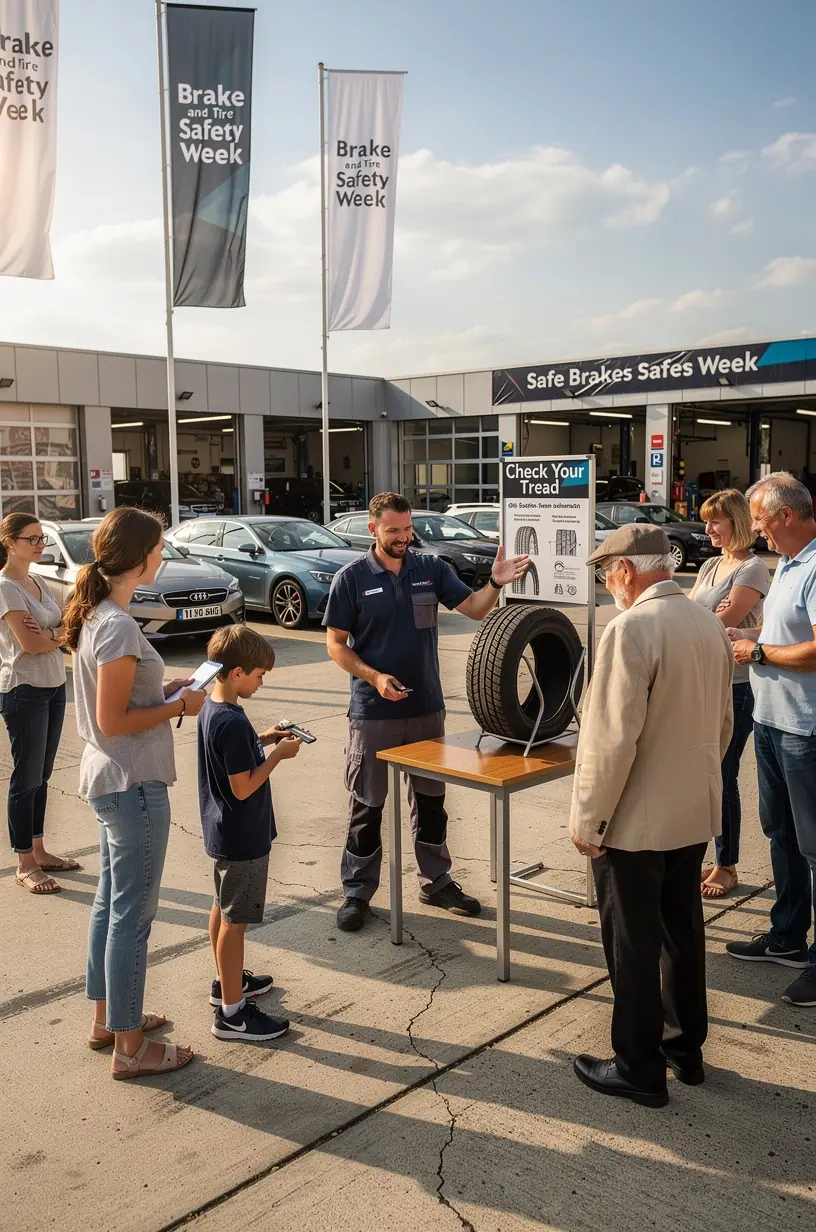 Fahrzeugheber hebt ein Auto in einer Werkstatt an, um die Bremsen und Reifen zu inspizieren.